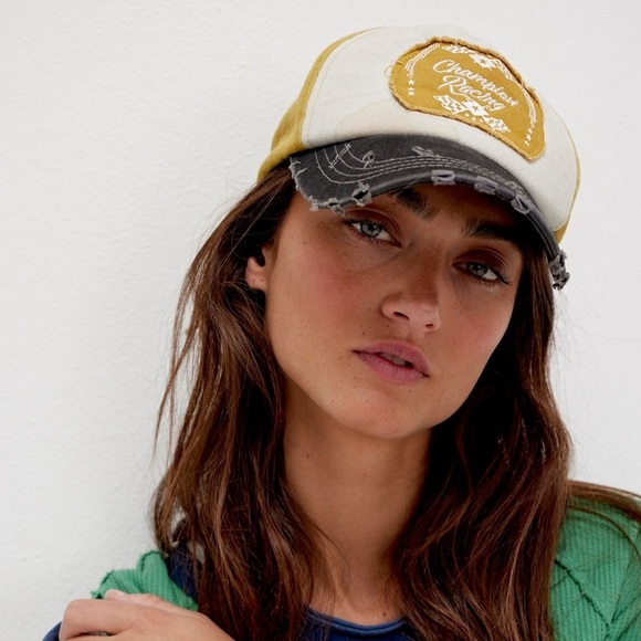 NWT Free People Moto Racing Baseball Cap in Mustard Combo